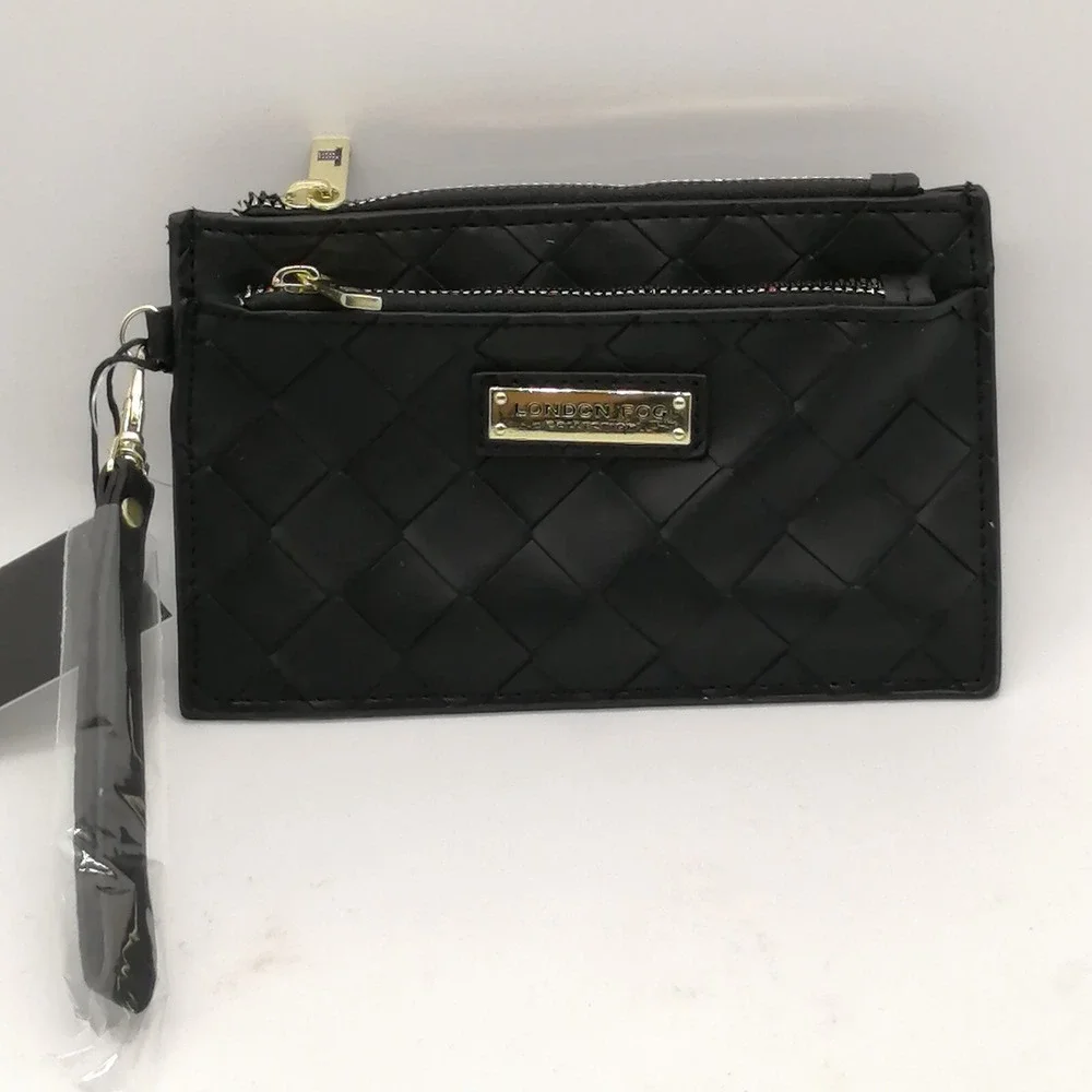 London‎ Fog Wristlet Womens Danica Black Organizer Wallet Woven Double Zip NEW